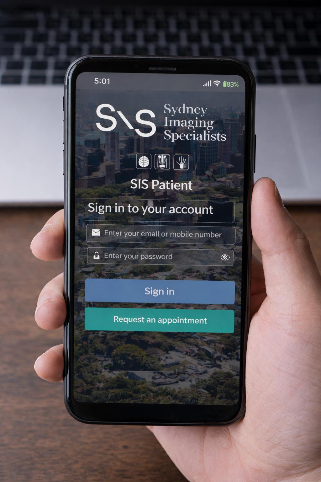 patient portal login page on smart phone device or web for Sydney imaging specialists